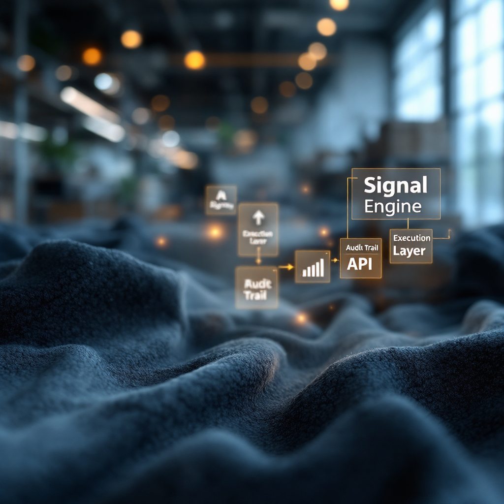 Arkitekturdiagram over AI‑automatiseringsstak til handel og genopfyldning Arkitekturdiagram over AI‑automatiseringsstak til handel og genopfyldning