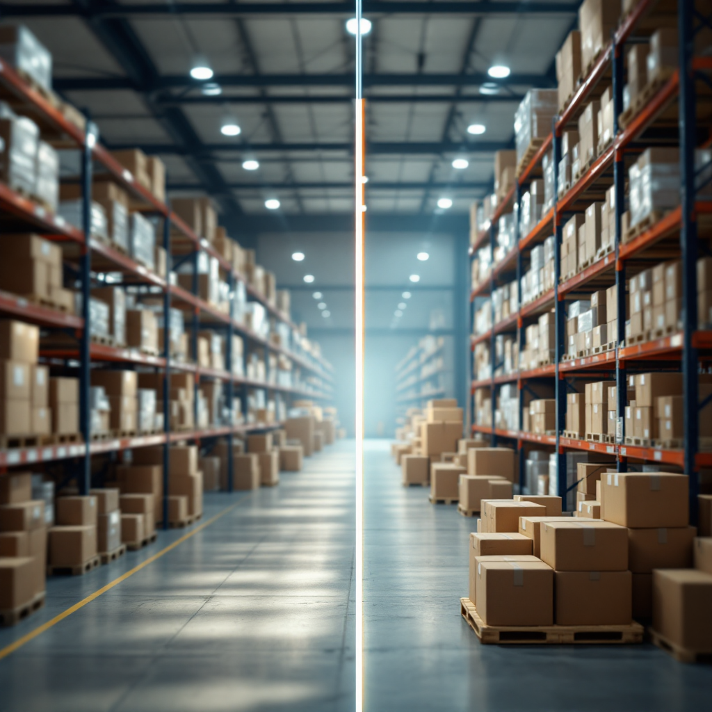 A simplified before-and-after map showing delivery routes with fewer miles and consolidated loads after optimisation; no text or numbers