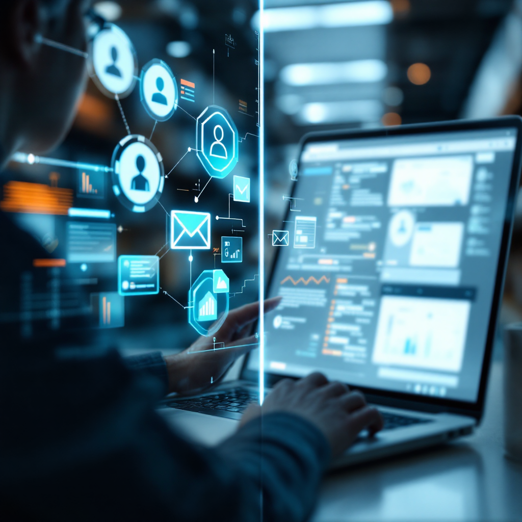 A split-screen comparison graphic concept showing multiple email assistant interfaces and integration icons like CRM and TMS; no text or numbers