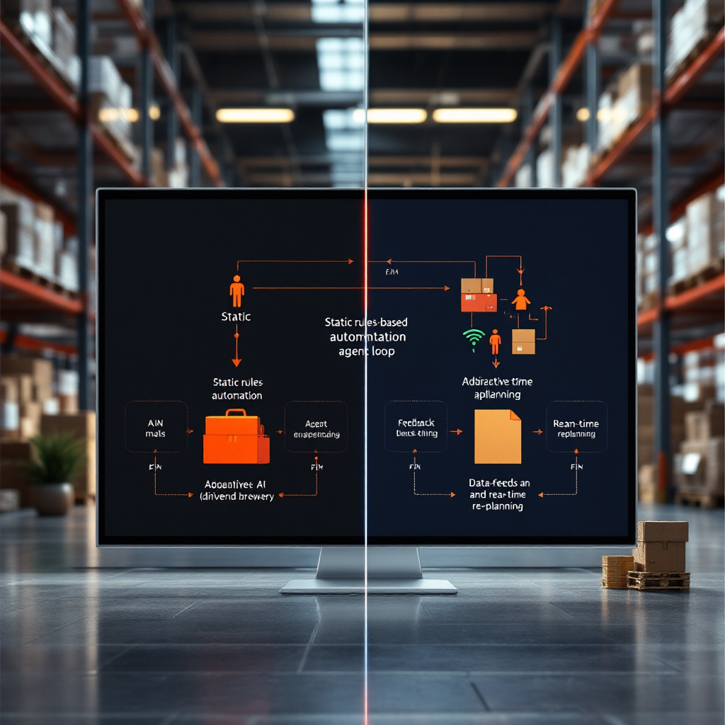 Split-screen illustration showing a static rules-based automation workflow on one side and an adaptive AI-driven agent loop with feedback, data feeds, and real-time re-planning on the other