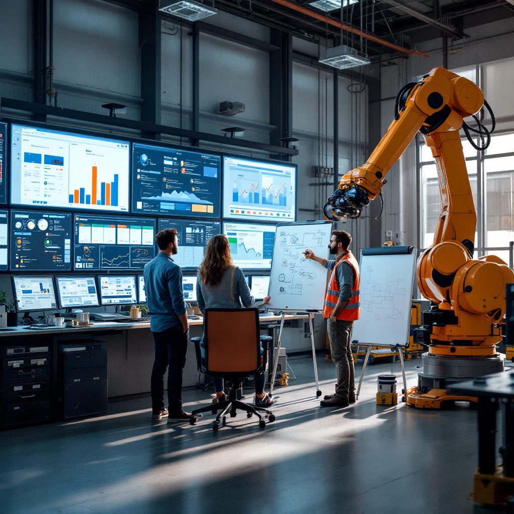 An industrial control room showing multiple screens with dashboards, a team discussing deployment steps on a whiteboard, and a technician checking a robot arm; no text or numbers