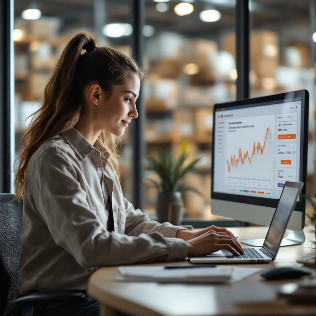 A customer service agent at a desk uses a laptop showing an AI assistant that drafts email replies; nearby a screen shows shipment timelines
