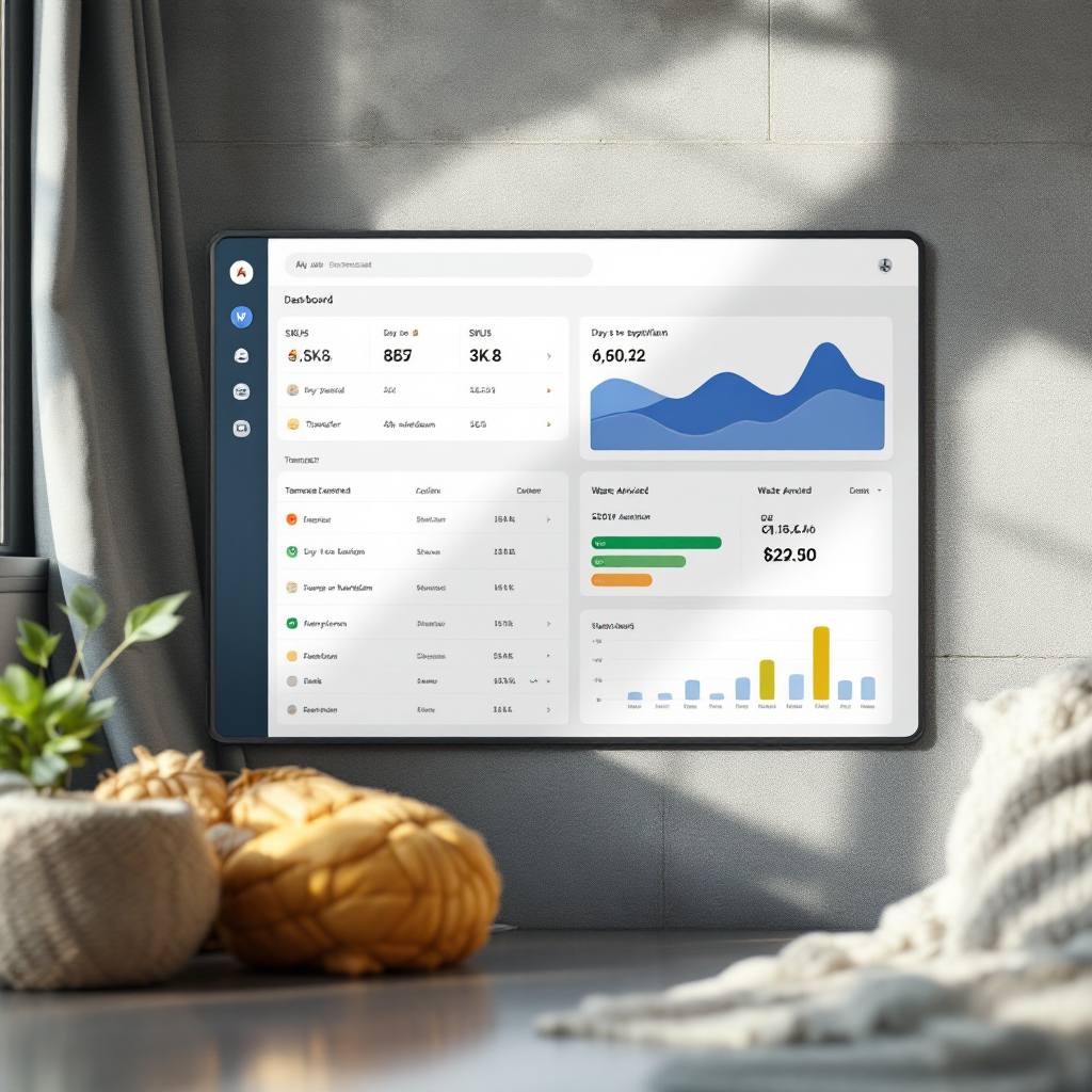 A dashboard mock-up showing a list of SKUs with days-to-expiration colour coded, suggested actions like transfer or markdown, and a small chart indicating waste avoided