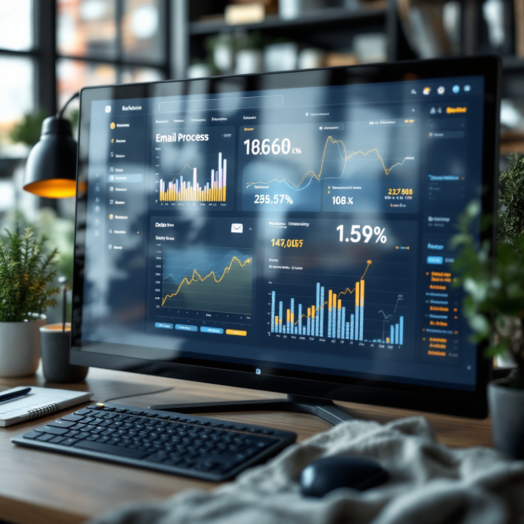 Close-up of a software dashboard showing email processing metrics, charts, and order counts on a desktop screen, no text