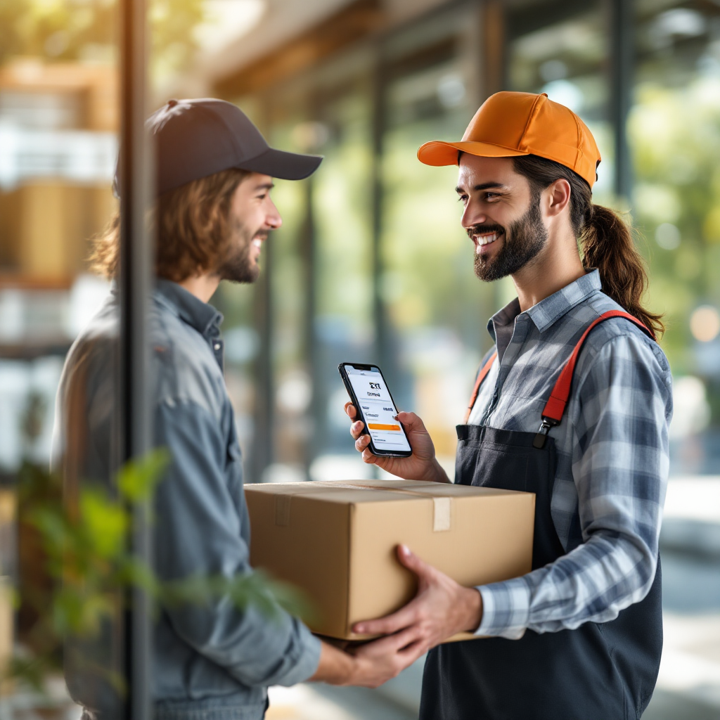 Delivery driver and customer with real-time tracking on phone Customer receiving a package with a delivery driver scanning a barcode, smartphone showing ETA, bright outdoor scene, no text