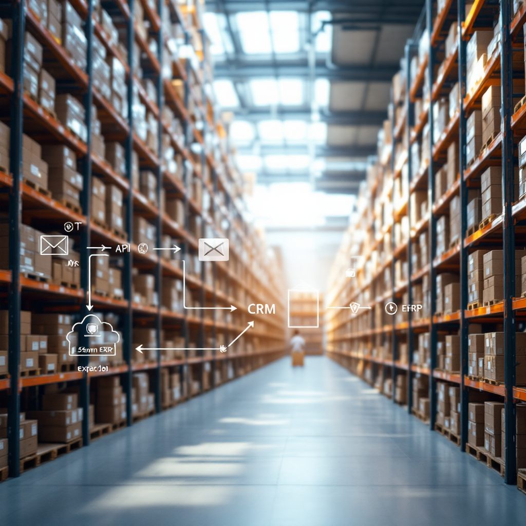 Diagram of email extraction flow to CRM and ERP A schematic diagram showing email flow from inbox to CRM and ERP with icons for extraction, API connectors, and secure storage, no text or numbers