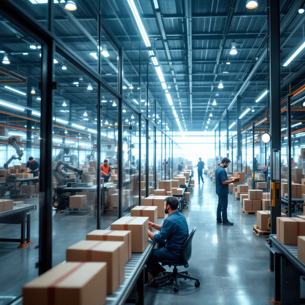 Centre de distribution avec robots et employés préparant des colis Centre de distribution avec robots et employés préparant des colis