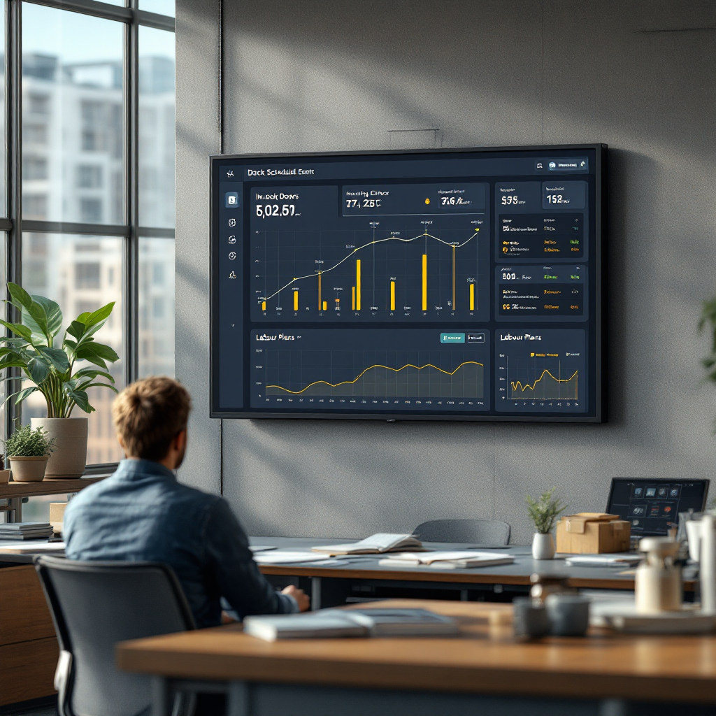 Dashboard display of dock scheduling analytics showing incoming ETAs, assigned dock doors, and labour plans on a large monitor in a control room; no text