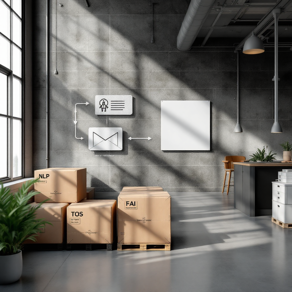 Diagram showing modular dockerised services for an AI email assistant: email connector, NLP service, workflow engine, TOS connector, each as separate services with arrows, simple clean style, no text