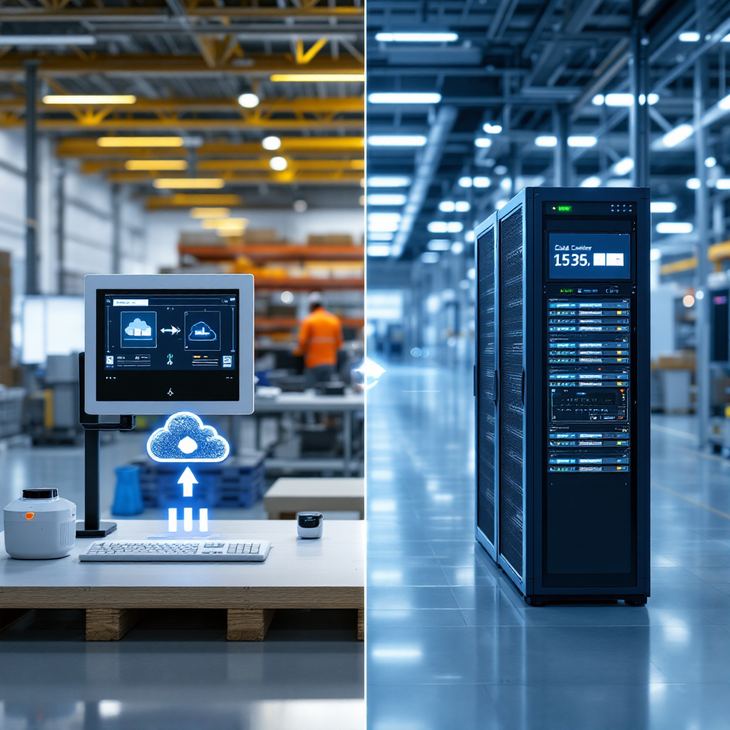 A split-view image showing edge computing hardware in a factory and a cloud server rack with data flow arrows between them. The factory side includes sensors and an operator tablet. No text or numbers in the image.