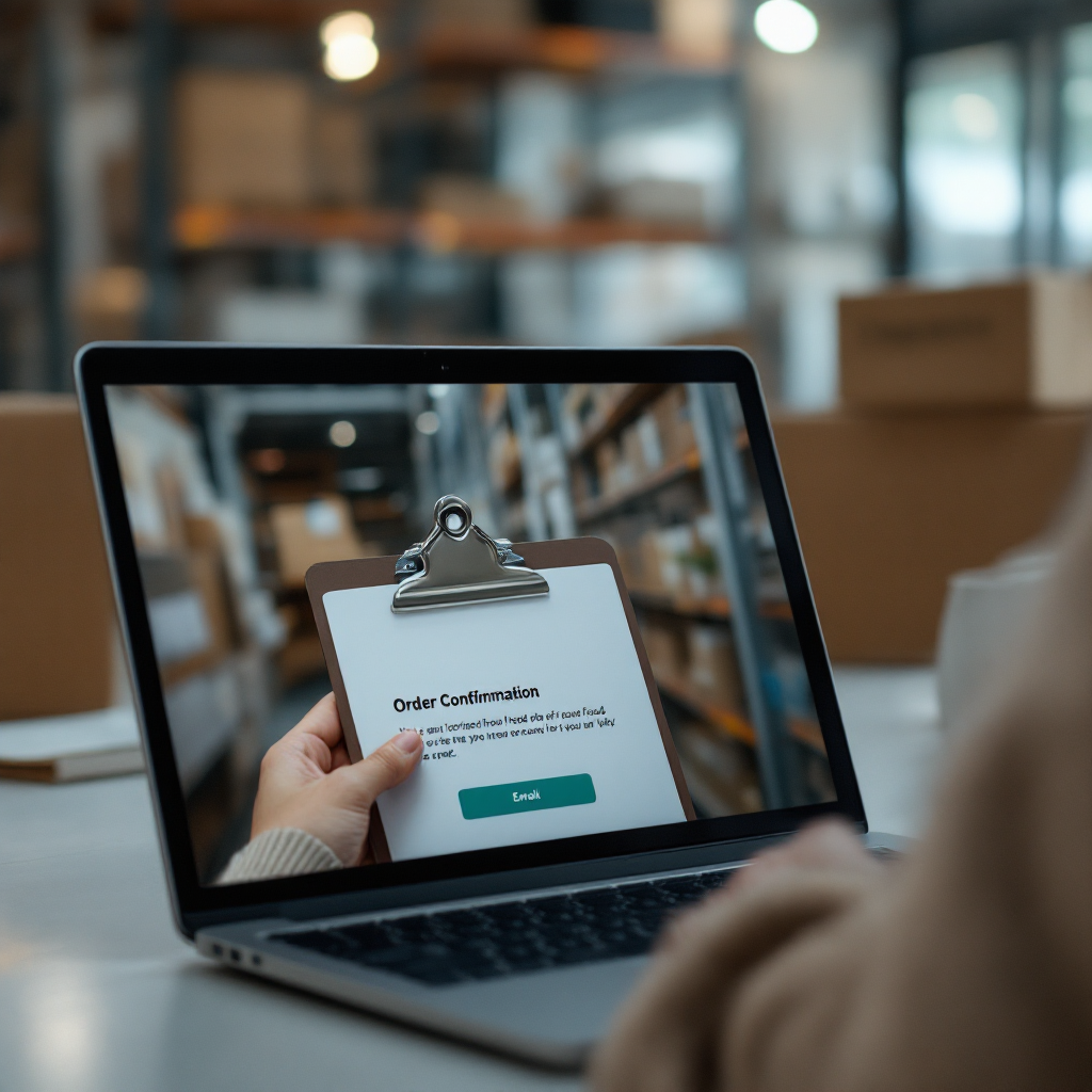 Close-up of an email inbox on a laptop screen showing an order confirmation for a food pickup with a person reaching for a clipboard and boxes in the background, soft focus