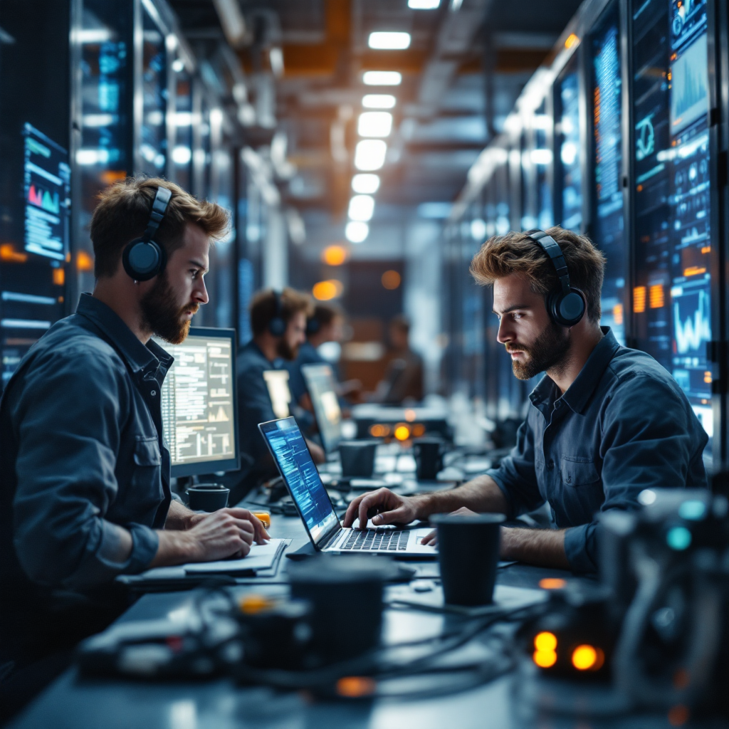 Engineers deploying containerized machine learning services with laptops and server racks in an industrial operations room, subtle screens showing telemetry