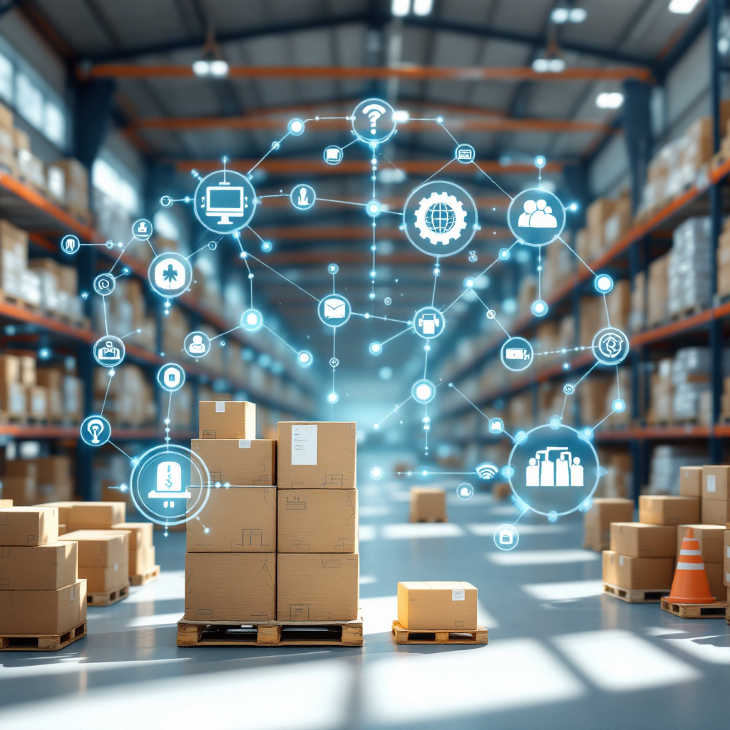 A stylized illustration of linked supply chain nodes with IoT sensors, blockchain-like ledgers, and AI icons representing orchestration; clean, modern style, no text