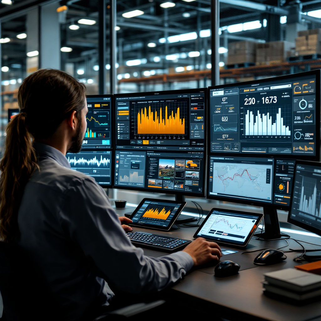 A logistics operations control room showing dashboards for bookings, ETAs and alerts with operators coordinating via tablets and video screens