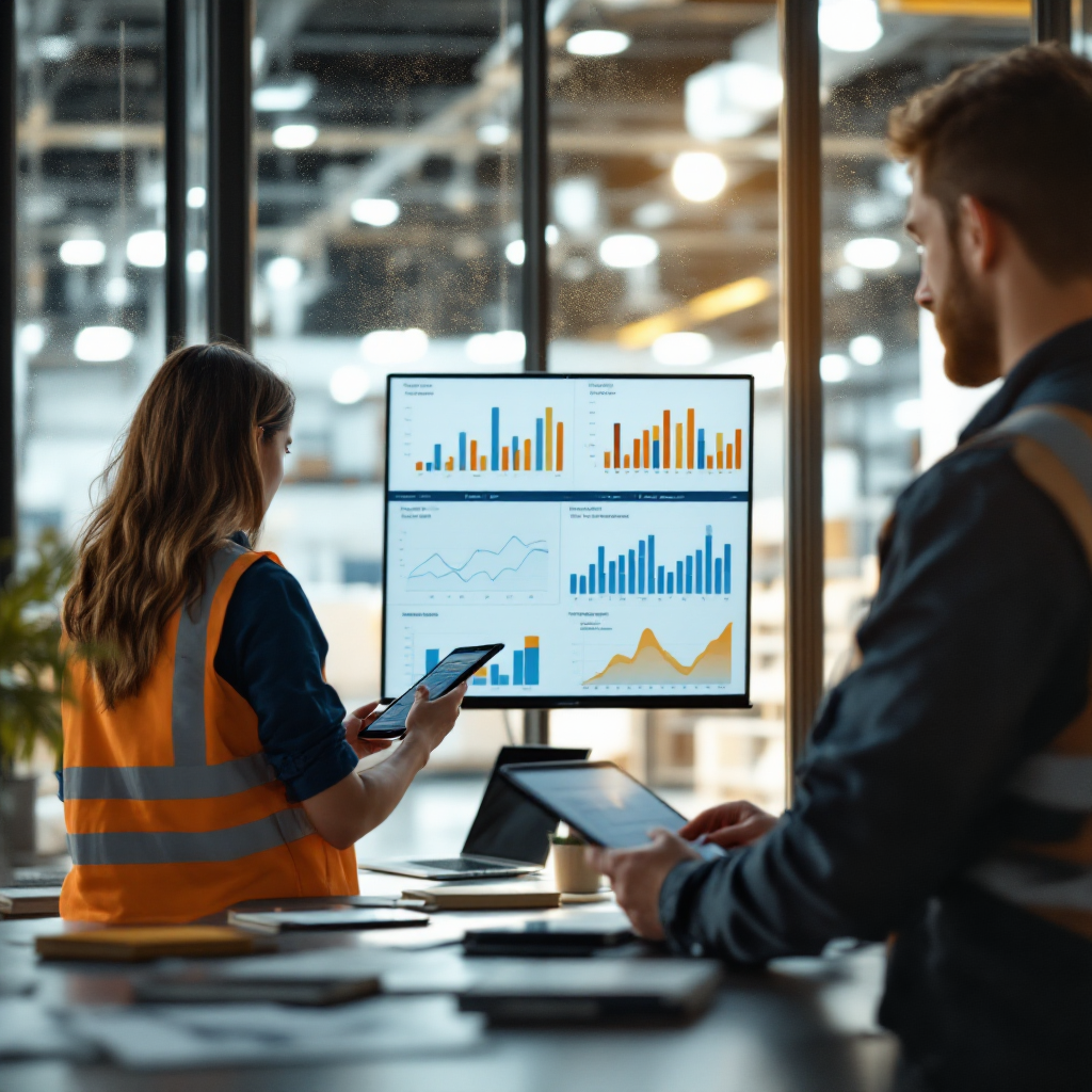 Two logistics professionals reviewing KPI dashboards on a tablet and a laptop in a bright office, charts showing on-time performance and response times, collaborative setting