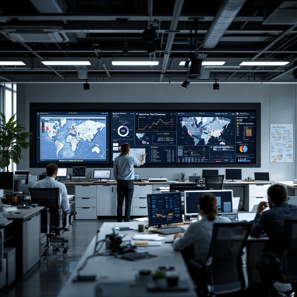 An operations control room with staff at desks, large screen showing simulated dock schedules and maps, and a whiteboard with pilot roadmap notes; no text or numbers