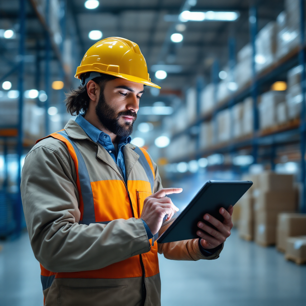 Operator using chatbot for shipment documents Close-up of a logistics operator interacting with a chatbot on a tablet while shipment documents display in the background, modern logistics warehouse, no text or numbers