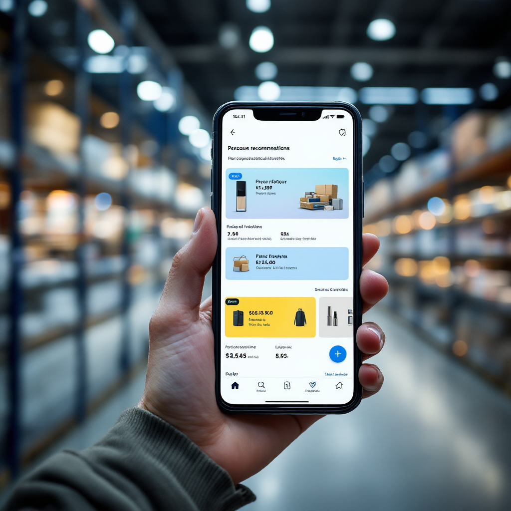 Personalised shopping recommendations on mobile A shopper-focused mobile screen showing personalised product recommendations and dynamic promotion banners, with a subtle background of retail shelves and data visualisations