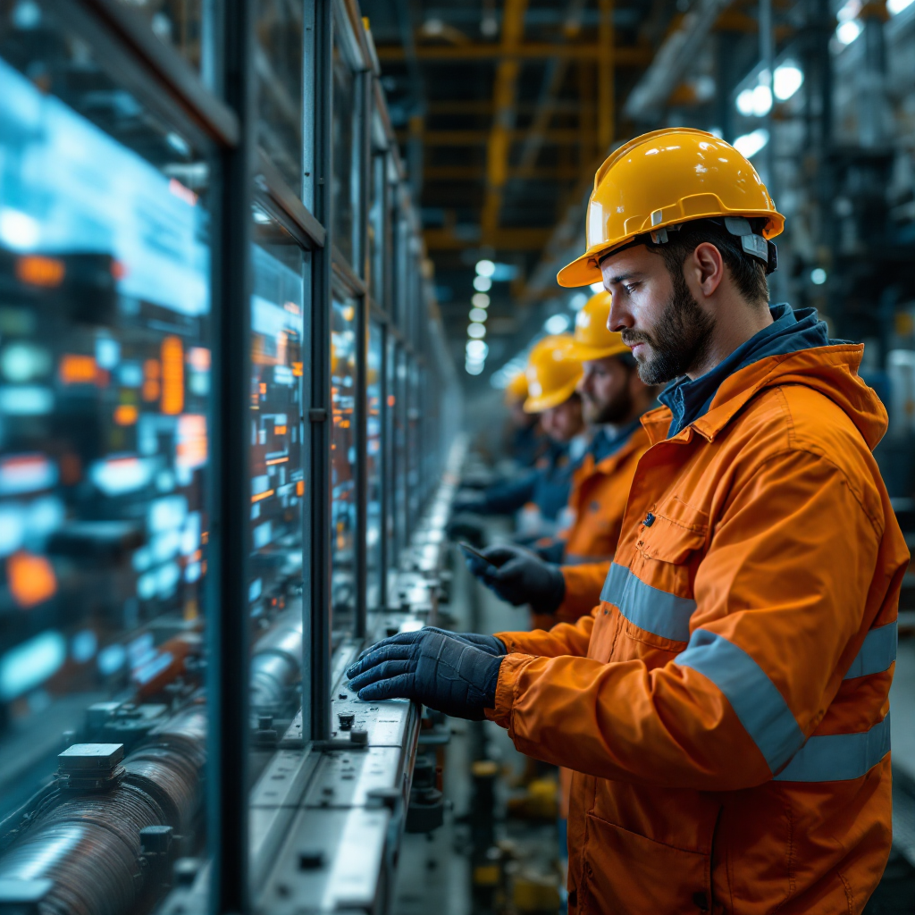 Pipeline field site with sensors and inspection activity An oil pipeline field site with sensors and technicians inspecting equipment, no text or numbers
