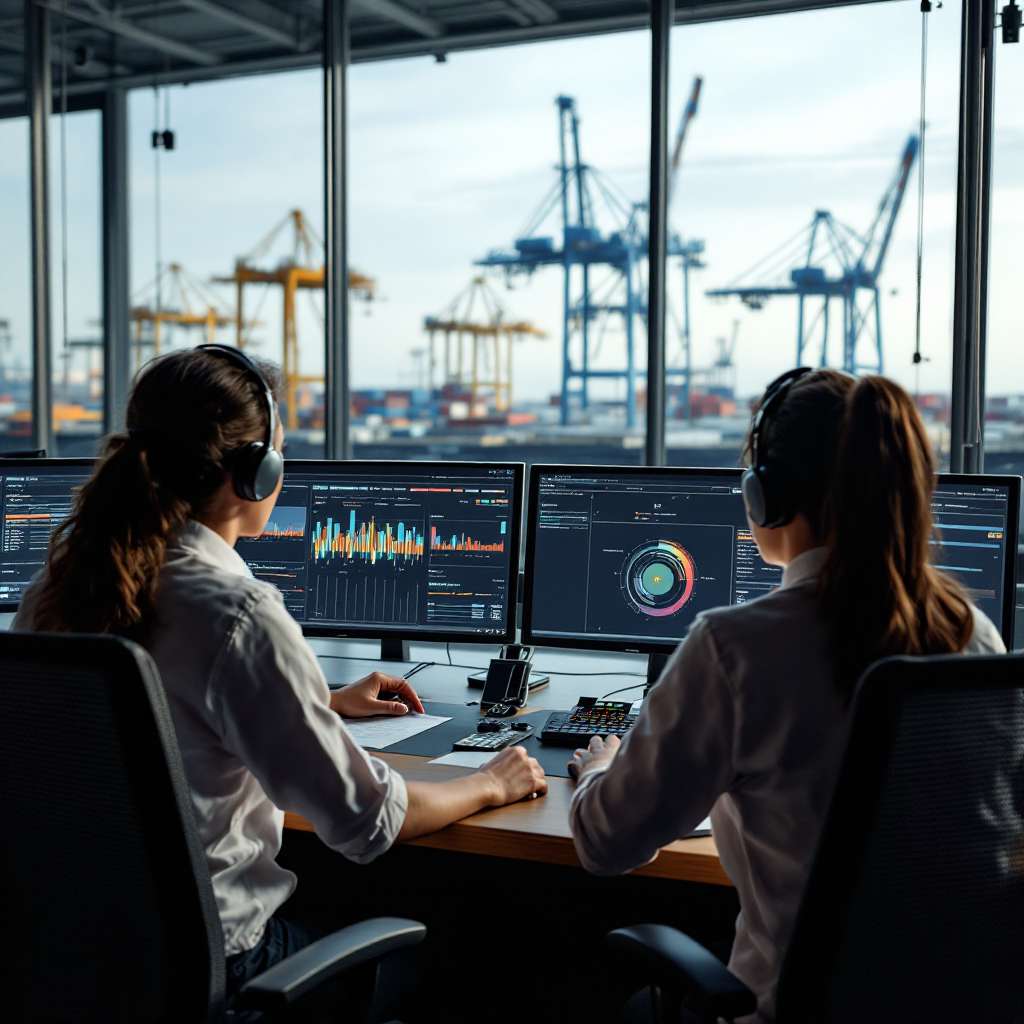 Control room view showing operators watching large screens with port schedules, crane positions and real-time alerts, no text or numbers