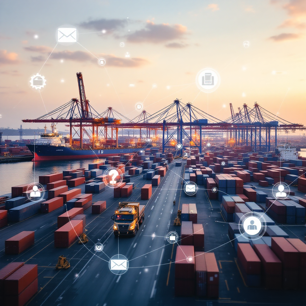Port terminal with data overlays A busy port terminal with cranes unloading containers, overlaid with schematic icons for data flow and scheduling; no text