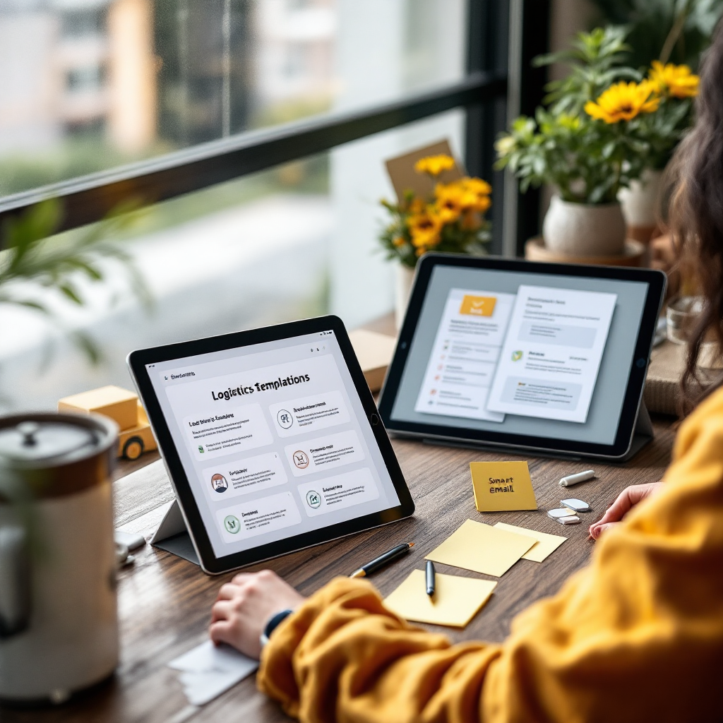 A designer workspace showing printed email templates and sticky notes with logistics process steps, a tablet showing a smart email interface, no visible text