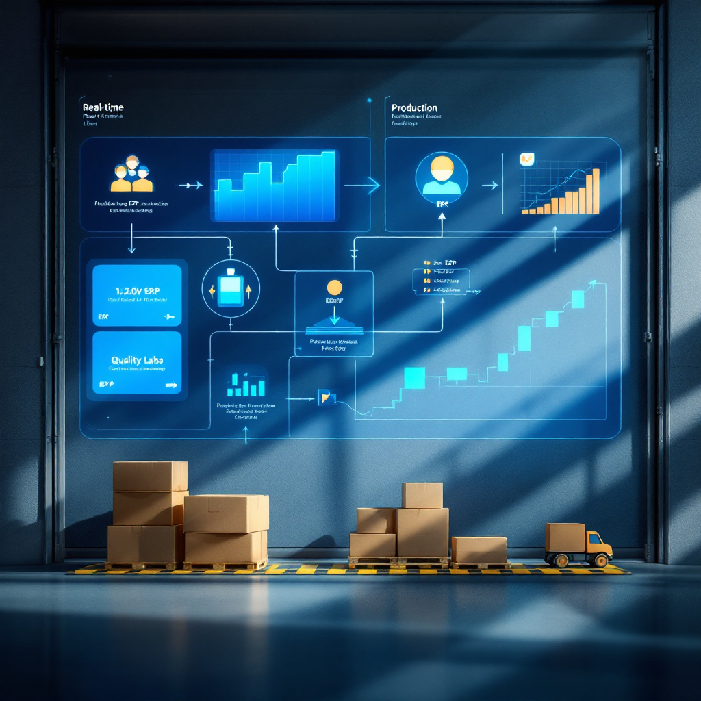Valós idejű munkafolyamat-diagram, amely összekapcsolja a kereskedelmet és a termelést Valós idejű munkafolyamat-diagram, amely összekapcsolja a kereskedelmet és a termelést