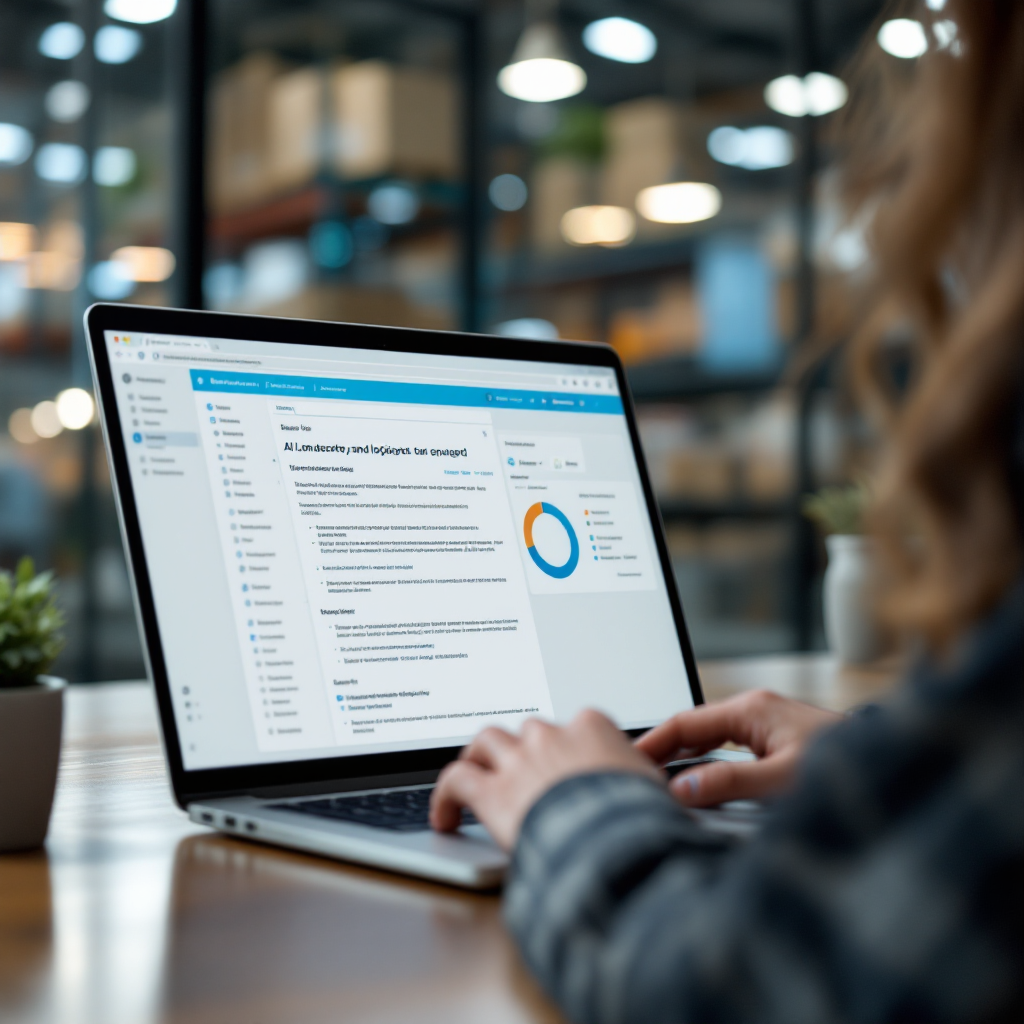 Person reviewing AI-generated email draft on a laptop, logistics dashboard visible in background