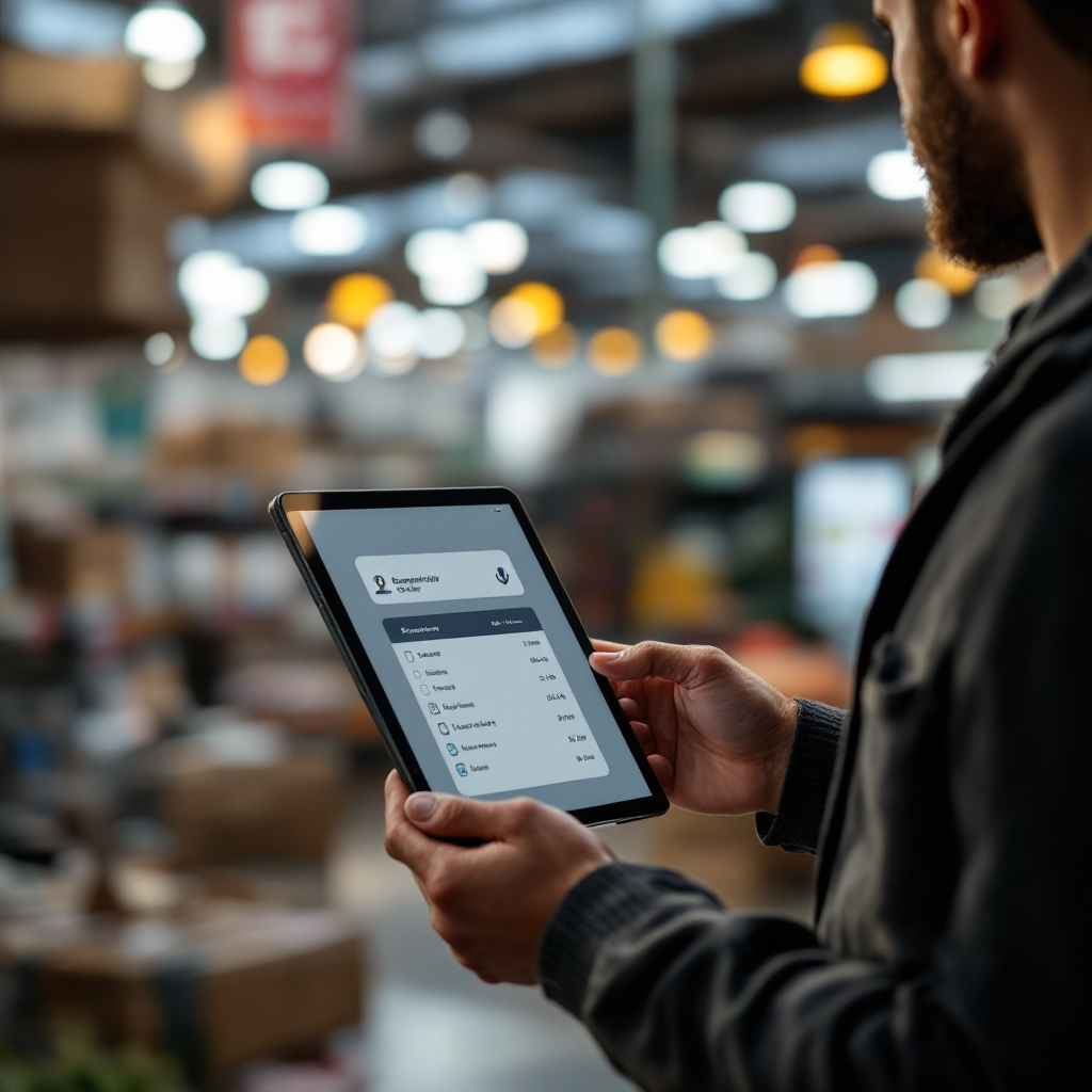 Field sales rep using a tablet in front of a small store; screen shows suggested order list and voice input icon; no text on screen