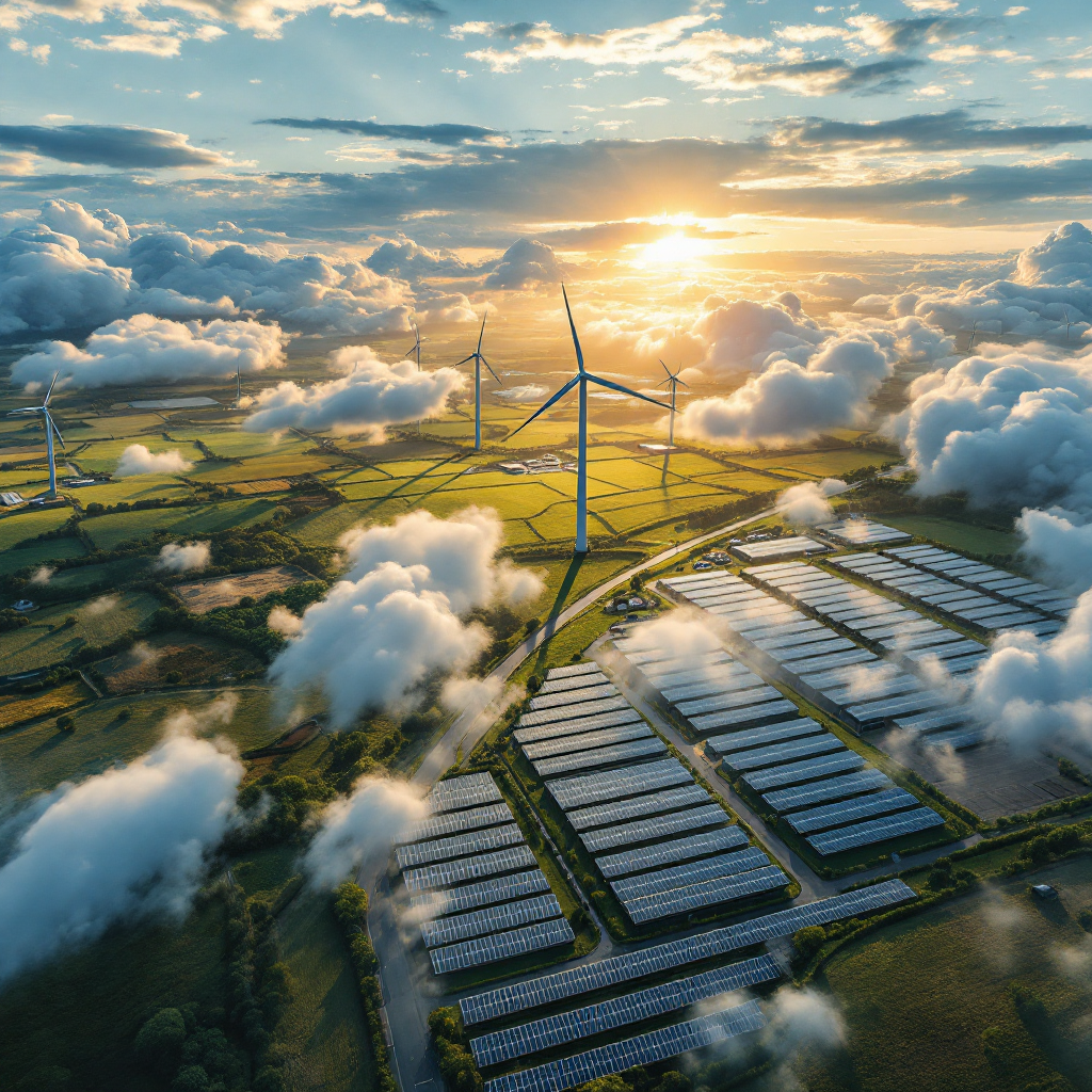 Aerial satellite-style image showing clouds over a solar farm and wind turbines, with no text or numbers