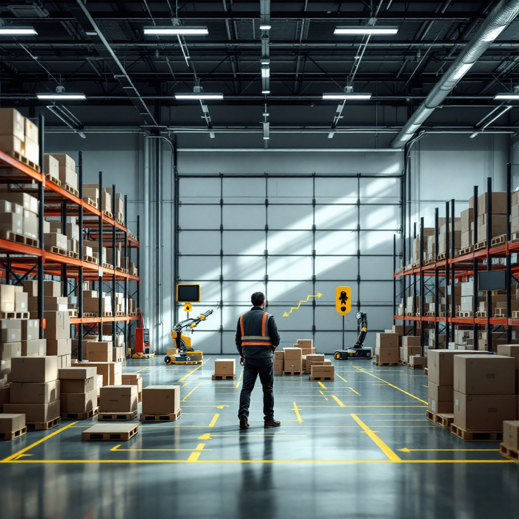 Schéma illustrant l'IA coordonnant robots et systèmes dans un entrepôt