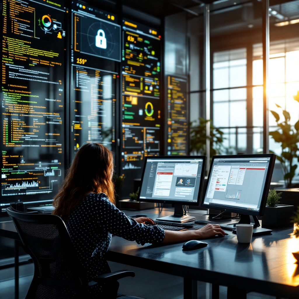 A secure operations control room showing encrypted data flows on monitors, staff approving automated updates, and visual indicators for retention policies and access controls