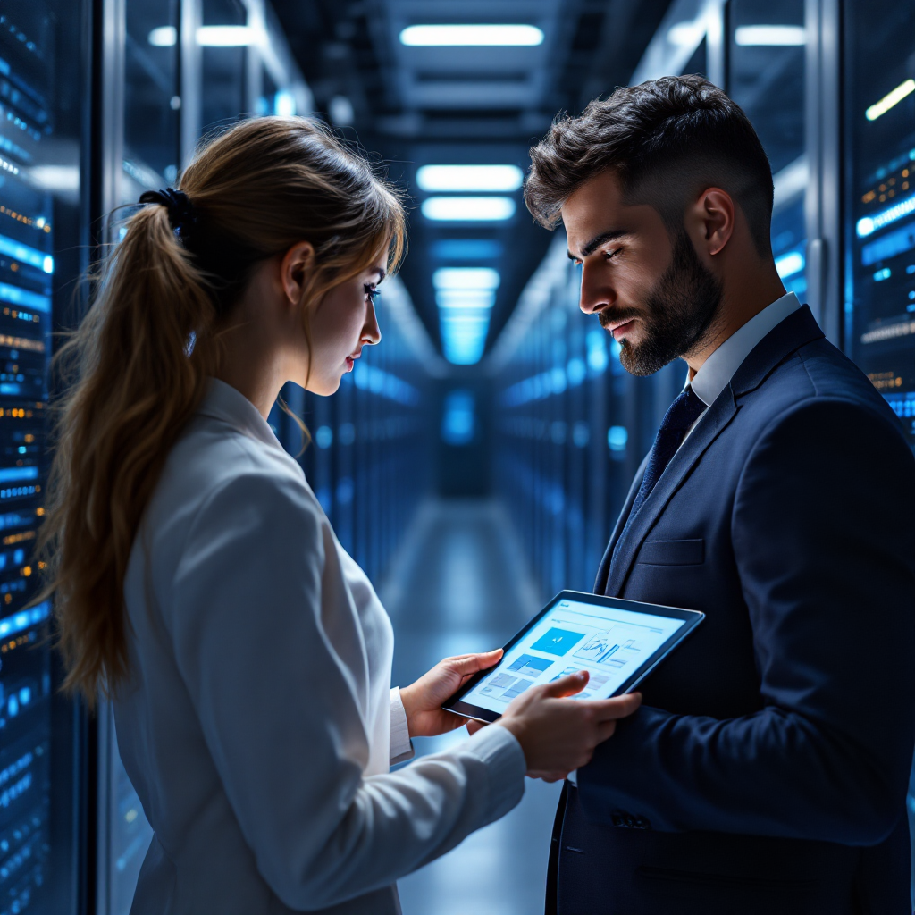 Serverrum med tekniker, der gennemgår sikkerhedsdiagrammer Serverrum med tekniker, der gennemgår sikkerhedsdiagrammer