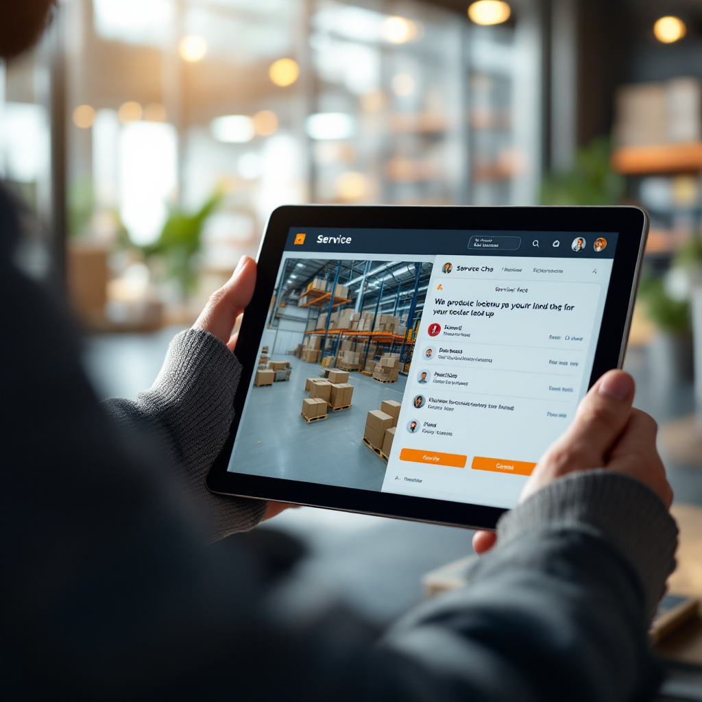 A service chat interface on a tablet showing product lookup linked to a warehouse screen, modern office environment, no text