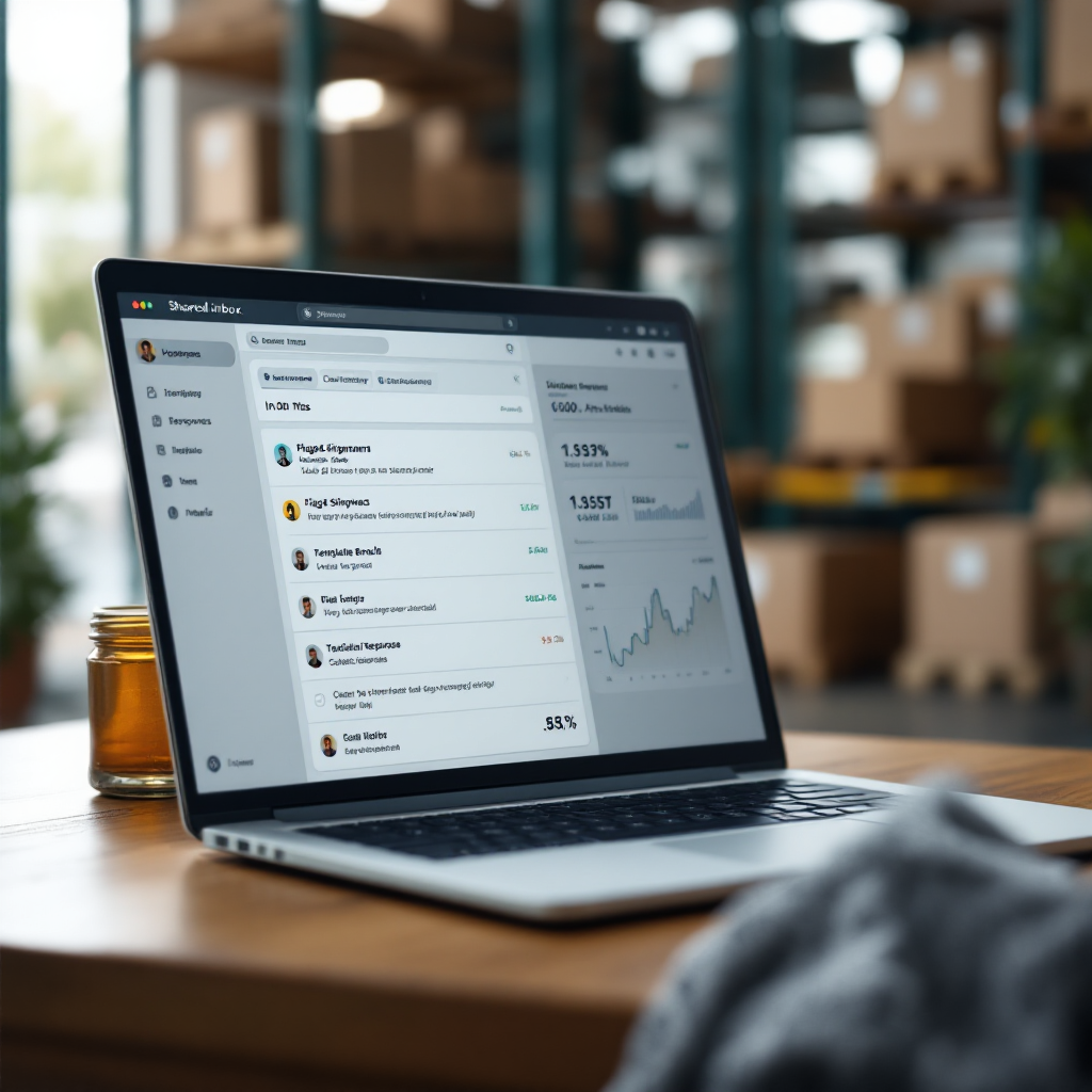 Close-up of a shared inbox interface showing flagged shipment emails, templated responses, and a small analytics panel with metrics; modern UI, no text