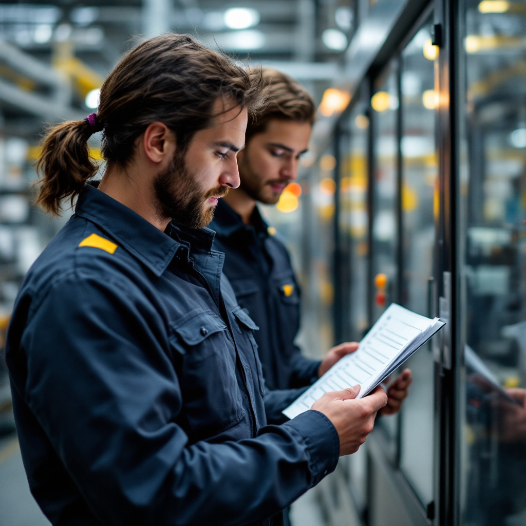 Supervisor and operator reviewing handover checklist A supervisor and machine operator reviewing a printed shift handover checklist beside a control panel, no text or numbers, industrial environment