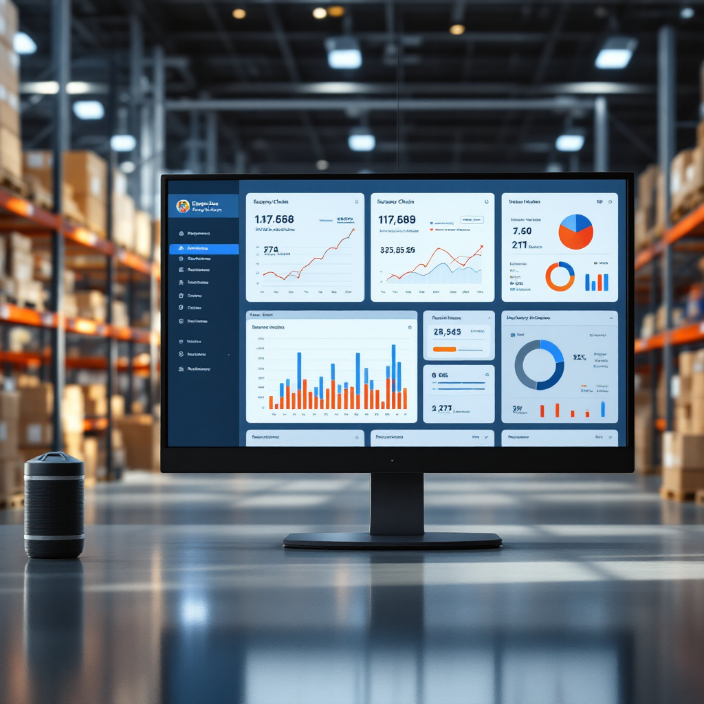 Supply chain dashboard with ETA and inventory visuals Illustration of a supply chain dashboard showing routes, ETA predictions, and inventory allocation on multiple screens, clean modern UI, no text overlay