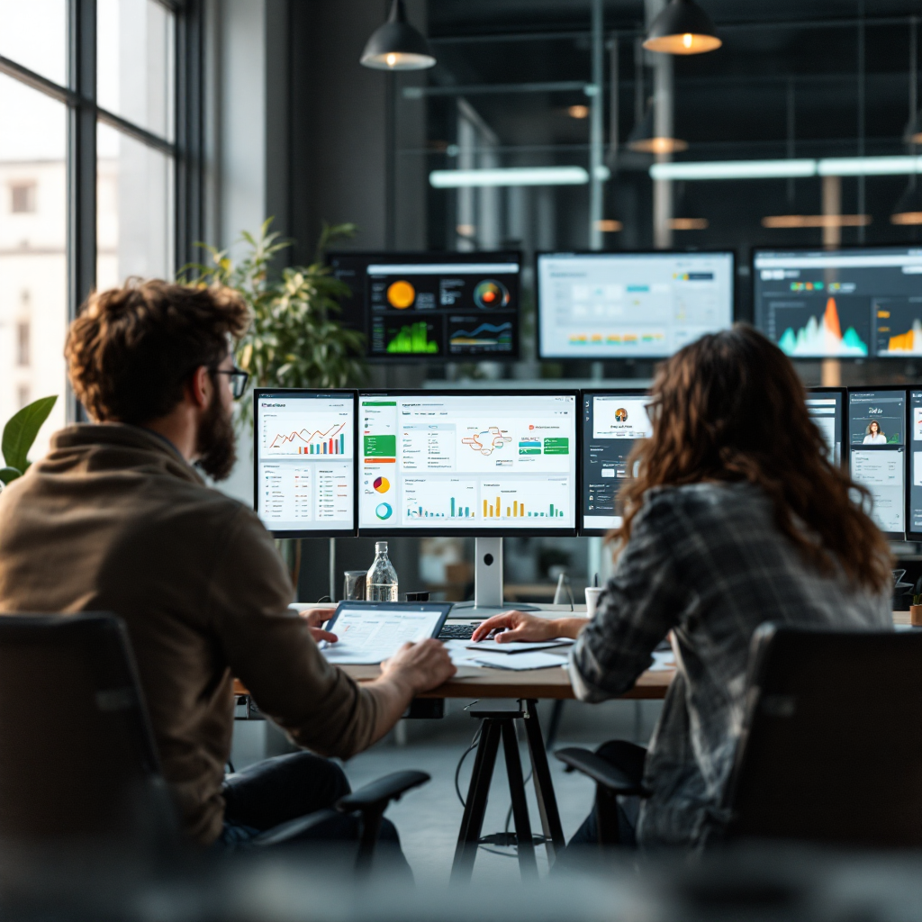 A control room view showing TOS dashboards, API integration diagrams, message queues, and secure gateways with teams collaborating