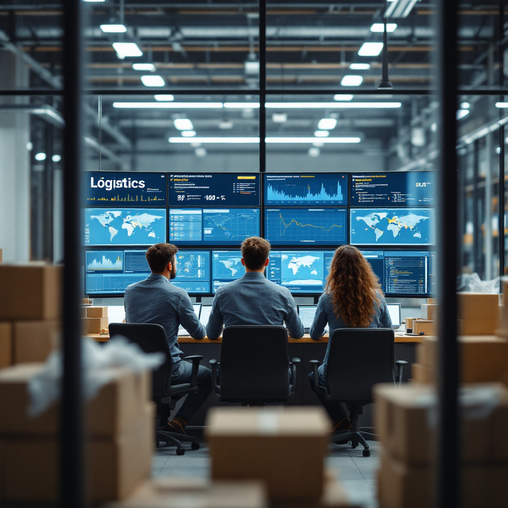 Logistics control room showing a team monitoring screens with shipment maps and alerts, collaborative setting without text or numbers, natural lighting