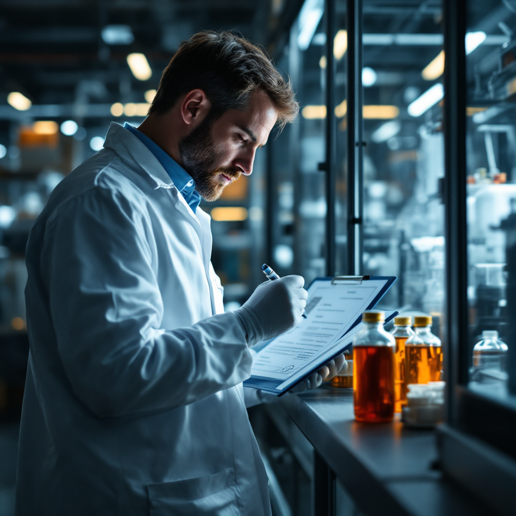 Laboráns, aki polimer pelletet vizsgál, mintákkal és tanúsítványokkal a közelben Laboráns, aki polimer pelletet vizsgál, mintákkal és tanúsítványokkal a közelben