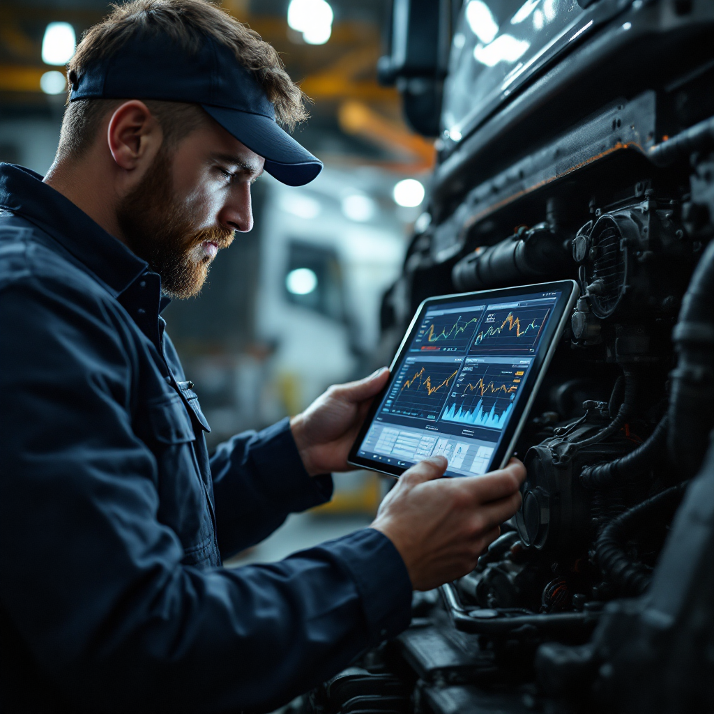 A mechanic inspecting a truck engine with technicians using a tablet showing diagnostic graphs, no text