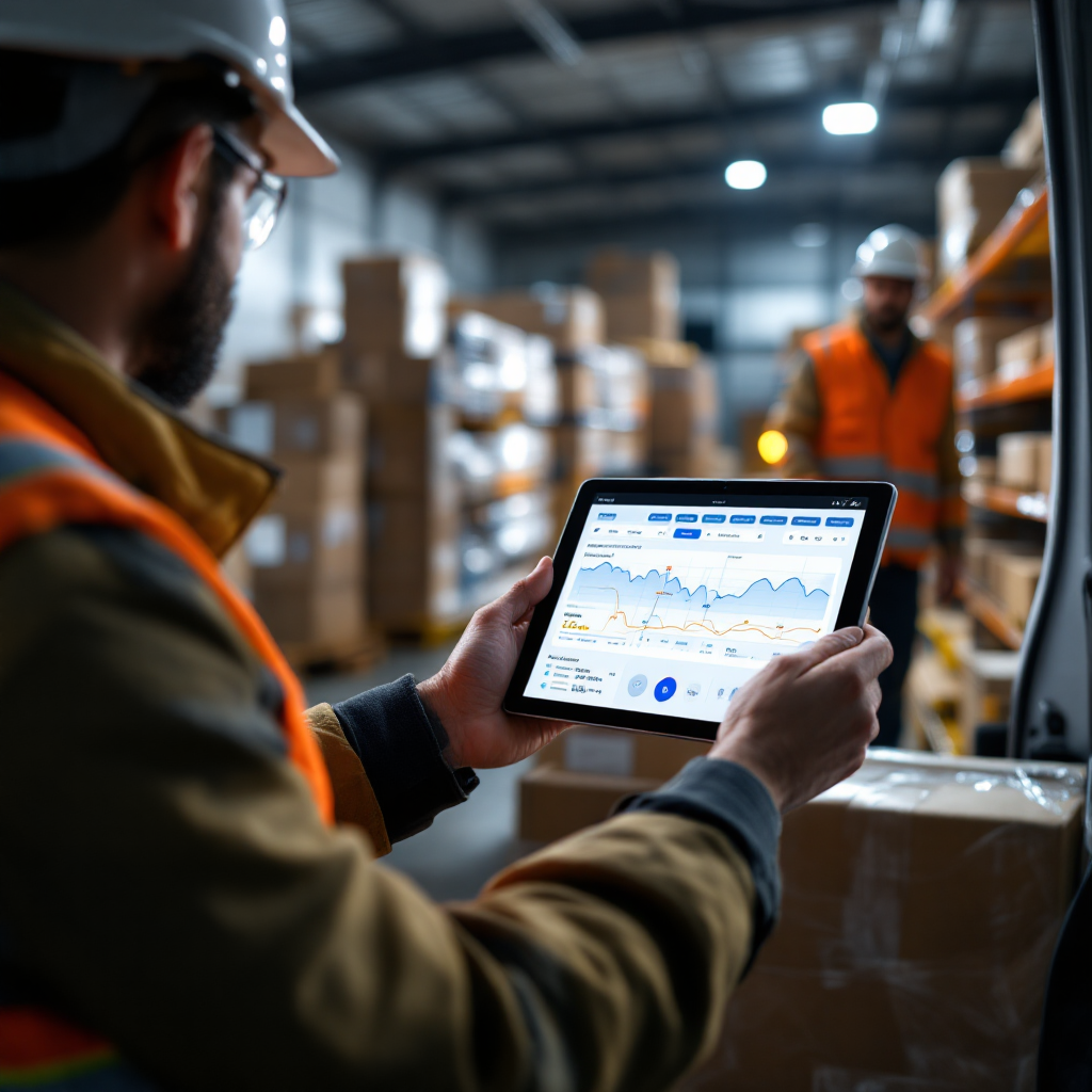 A delivery van loading temperature-controlled pallets with a driver checking a tablet showing a route optimisation map, no text