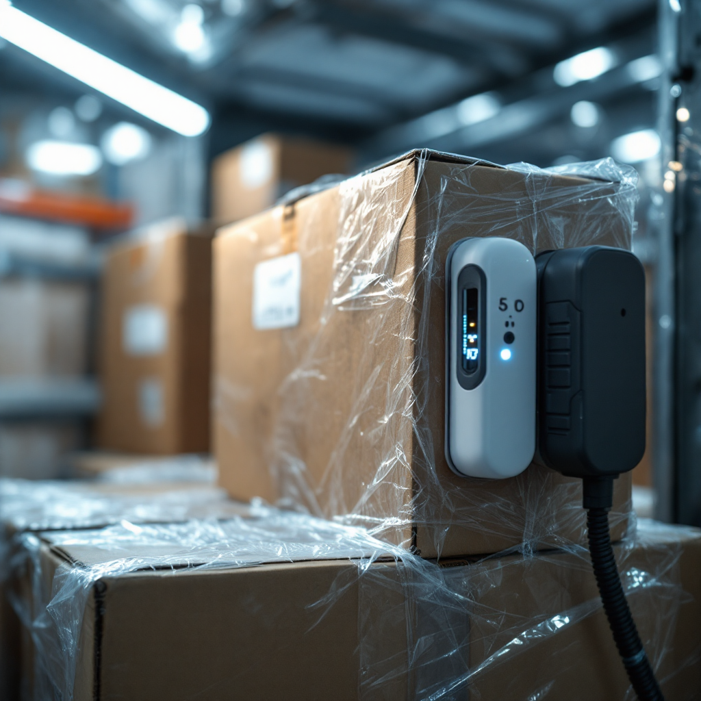 A close-up photo-style image of a temperature sensor attached to a refrigerated pharmaceutical shipment inside a delivery van, showing controlled cold environment, no text