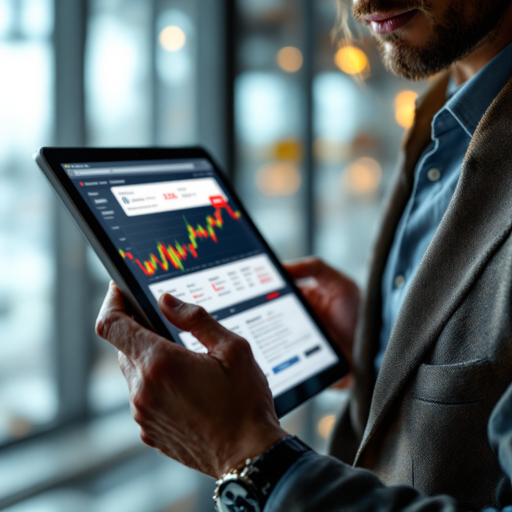 Trader reading market brief and email confirmation overlays Trader reading market brief and email confirmation overlays