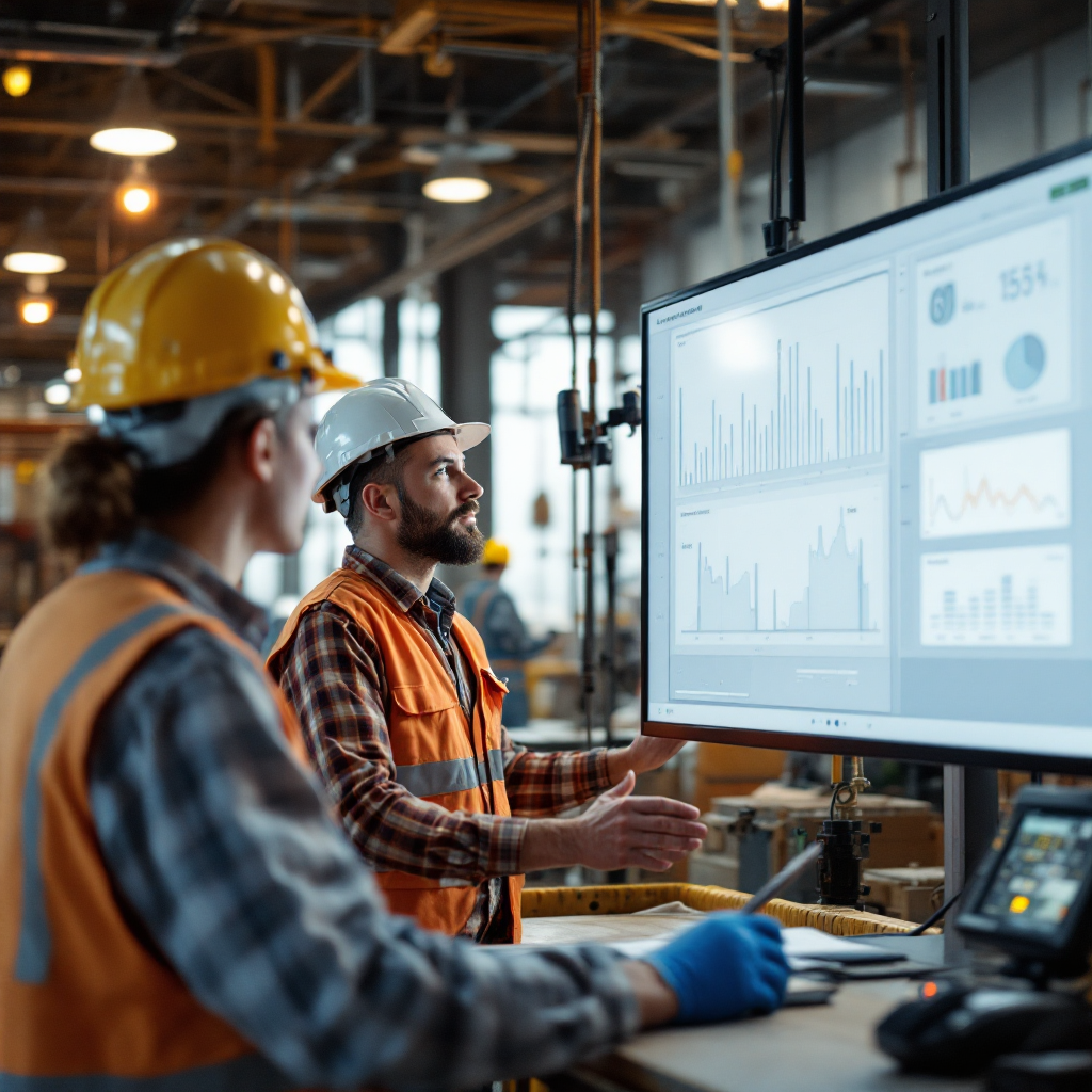 An oilfield scene with rigs, sensors and engineers inspecting equipment while a remote monitoring dashboard displays asset health indicators, no text or numbers