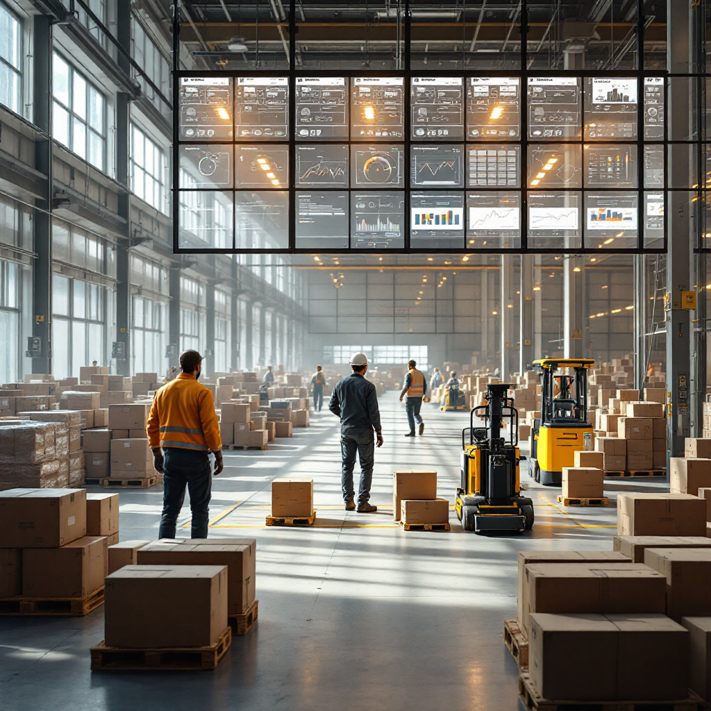 Warehouse interior showing an AI-powered control tower screen with dashboards, workers scanning boxes, and automated guided vehicles in motion, natural industrial lighting