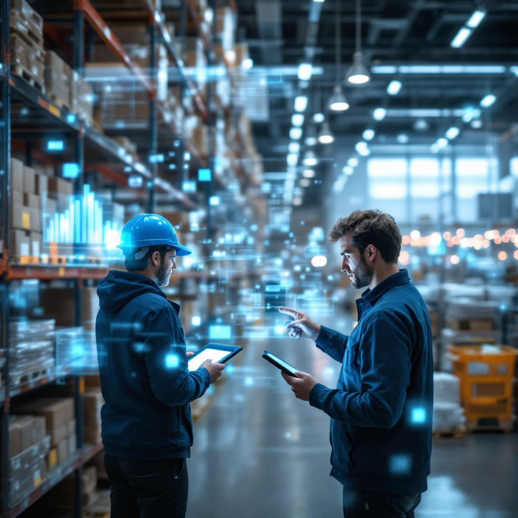 Warehouse interior showing automated shelving, workers using tablets, and an overlay of data streams representing inventory and forecasting (no text or numbers)