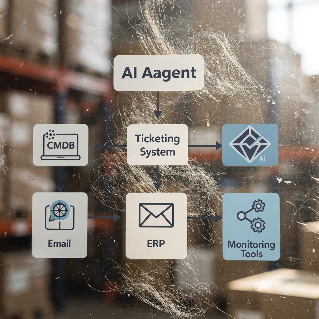AI agent architecture connecting to operational systems An architecture diagram showing an AI agent connecting to CMDB, ticketing system, email, ERP, and monitoring tools with arrows indicating data flow. No text, simple icons for each system, modern flat style.