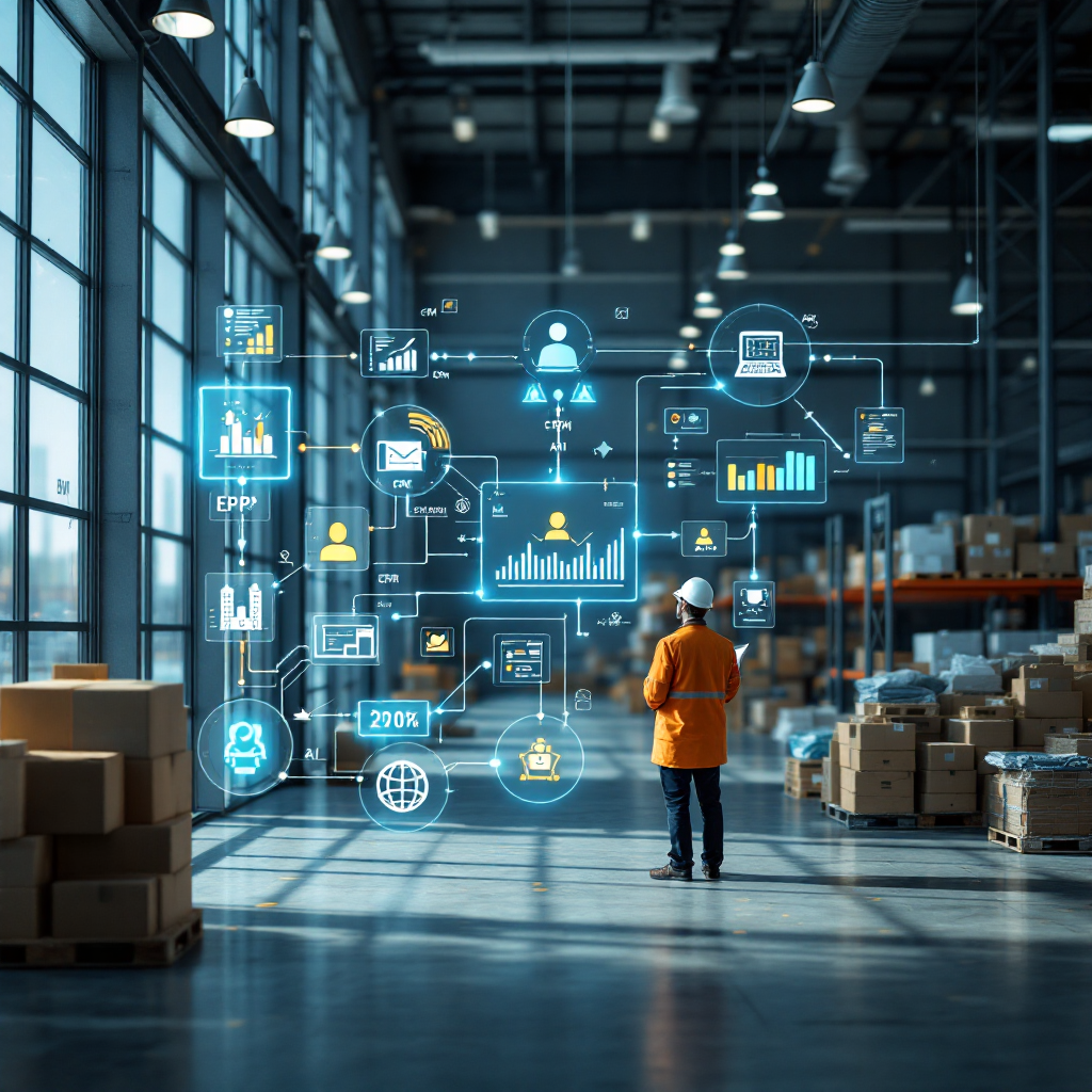 AI agent integrating systems diagram A diagram-style image showing data flows between ERP, CRM, warehouse systems and an AI agent dashboard, with human operators reviewing alerts, no text or numbers