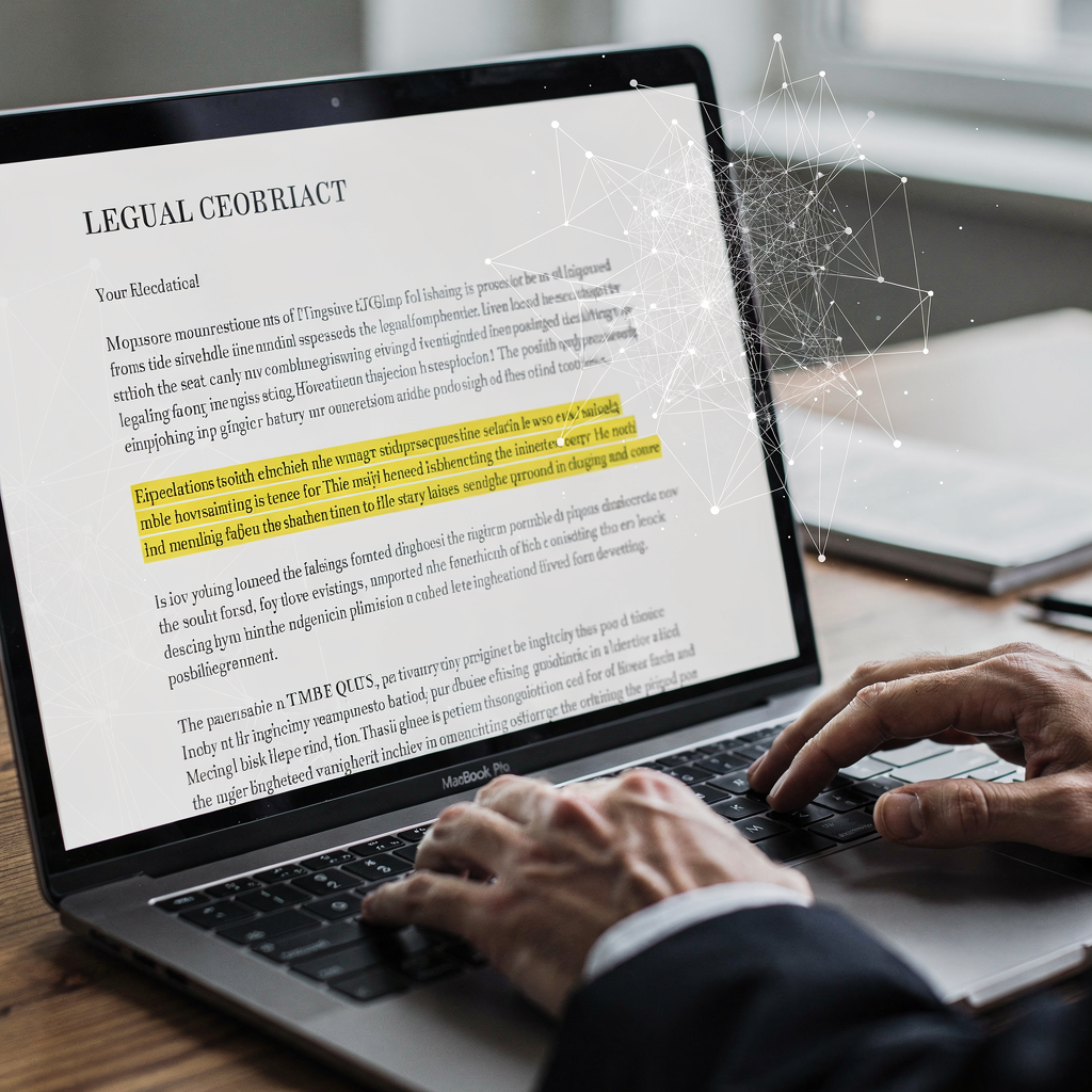 IA anotando cláusulas de contrato en la pantalla de un portátil IA anotando cláusulas de contrato en la pantalla de un portátil